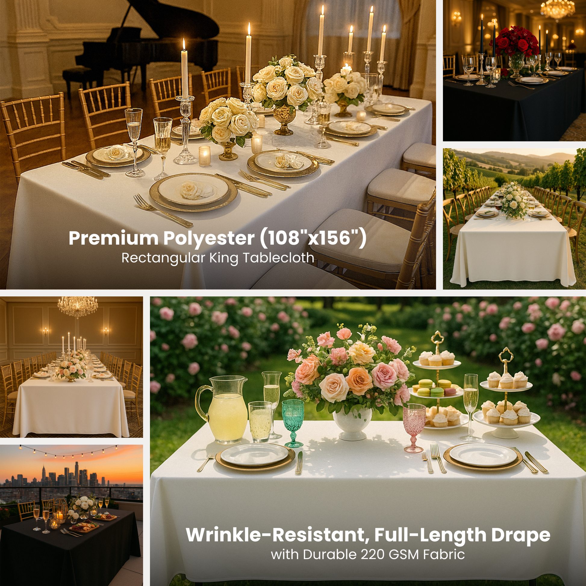 King tablecloth lifestyle collage with product features