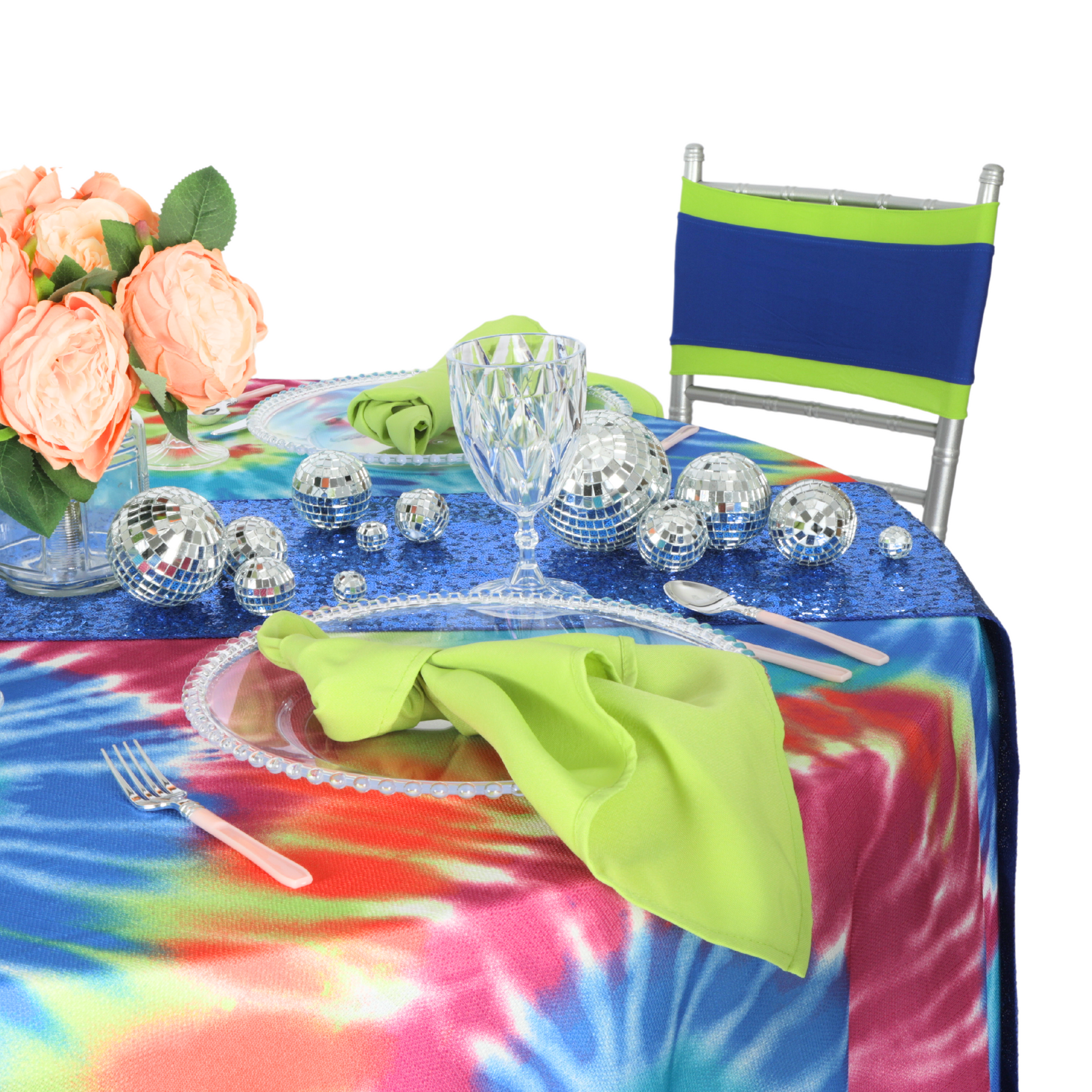 Premium Polyester Napkin 19"x19" Apple Green table setting with a tie dye tablecloth and clear glass goblets