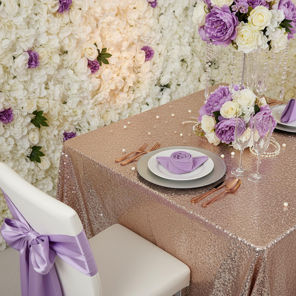 glamorous bridal shower showing Premium Polyester Napkin 20"x20" - Lavender on top of blush rose gold glitz tablecloth and silver charger plate