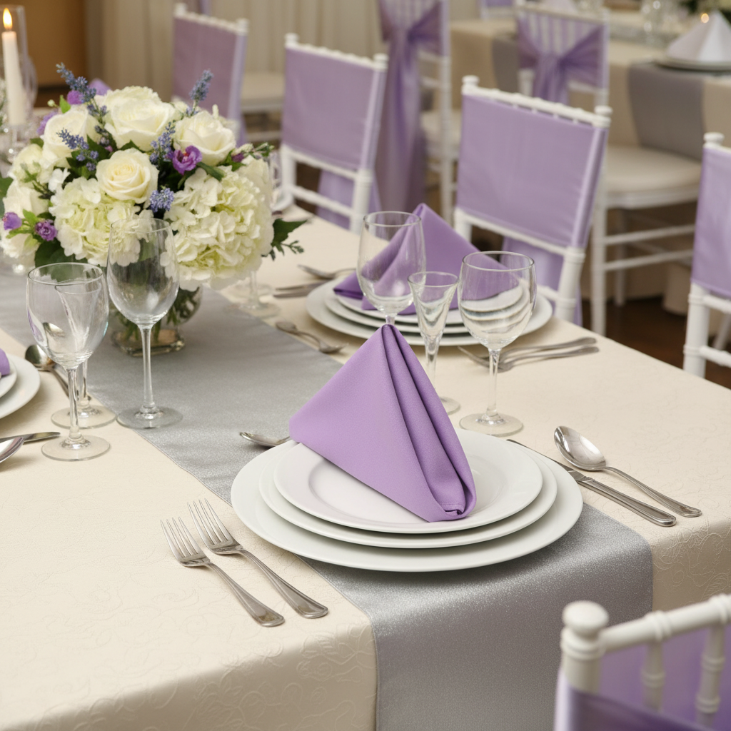 wedding reception using Premium Polyester Napkin 20"x20" - Lavender with ivory tablecloth and silver table runner