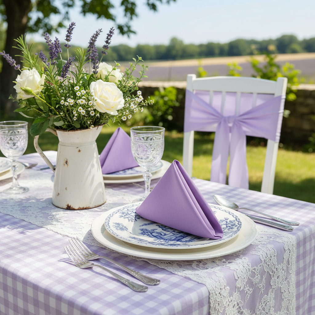 garden brunch setup showing Premium Polyester Napkin 20"x20" - Lavender on top of gingham tablecloth and plain white charger
