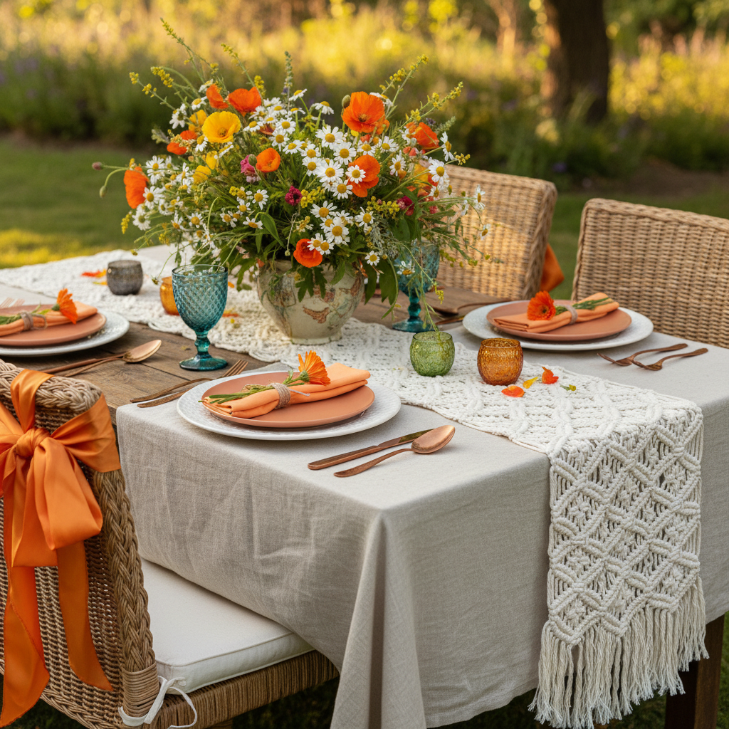 boho garden setup using Premium Polyester Napkin 20"x20" - Orange on top of white tablecloth