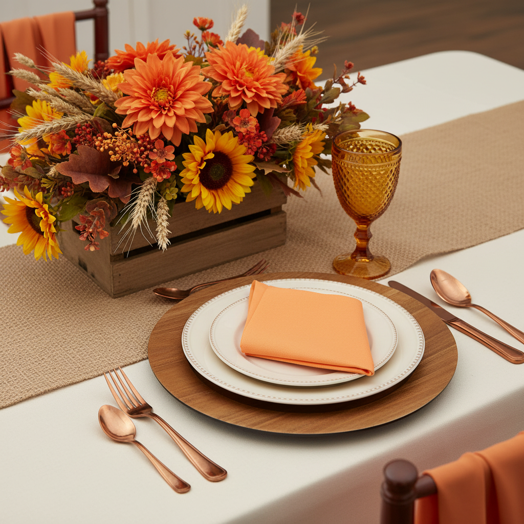 rustic fall setup using Premium Polyester Napkin 20"x20" - Orange on top of white tablecloth