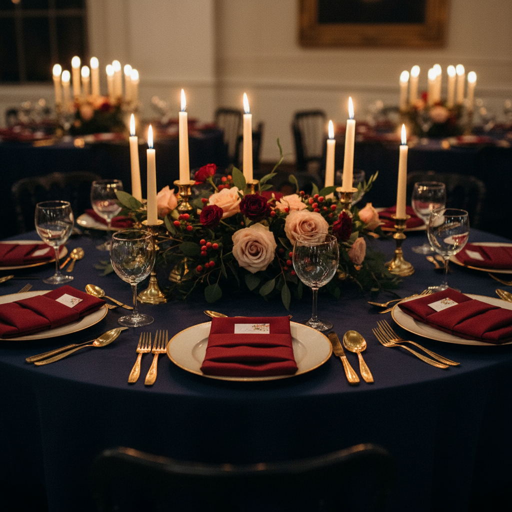 indoor dinner family setup with Premium Polyester Napkin 20"x20" - Burgundy