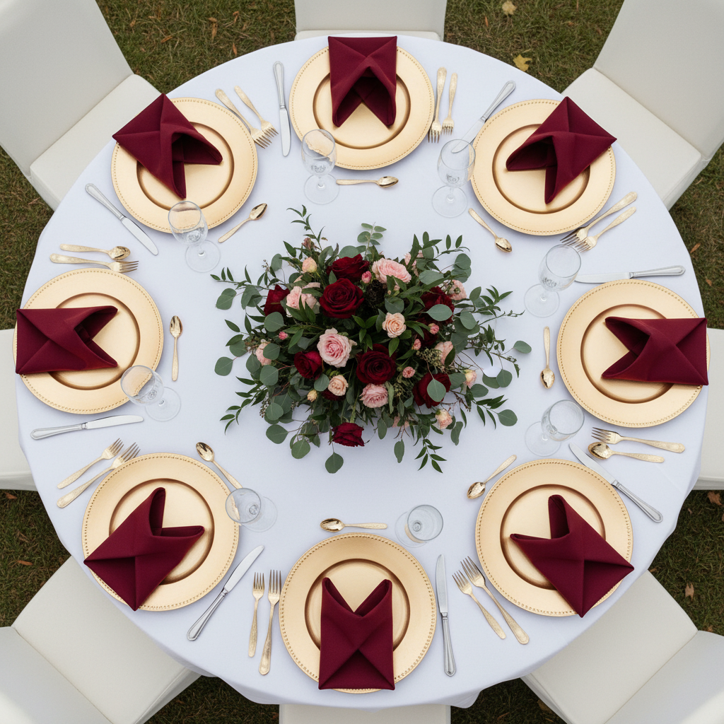 top view setting of Premium Polyester Napkin 20"x20" - Burgundy