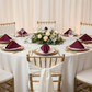 wedding reception with Premium Polyester Napkin 20"x20" - Cabernet on top of gold charger and white tablecloth