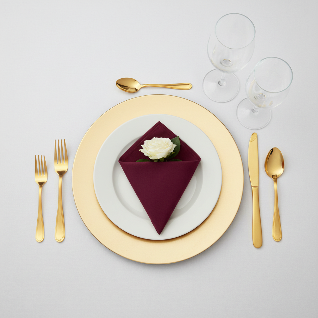 top view of Premium Polyester Napkin 20"x20" - Cabernet with gold charger plate and white tablecloth