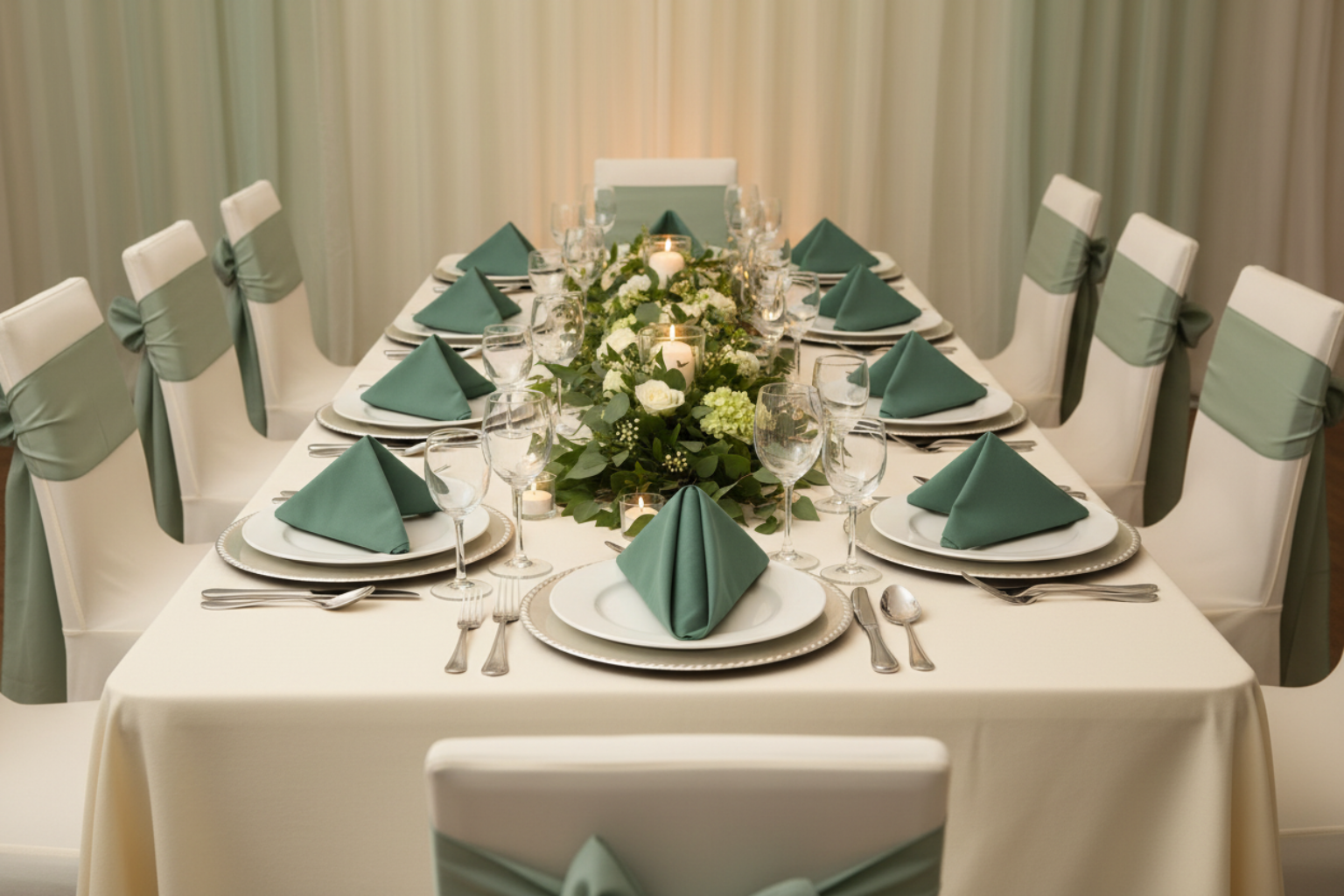 dinner setup with Premium Polyester Napkin 20"x20" - Eucalyptus 