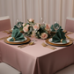 anniversary indoor setup with Premium Polyester Napkin 20"x20" - Eucalyptus with gold charger plate and dusty rose tablecloth