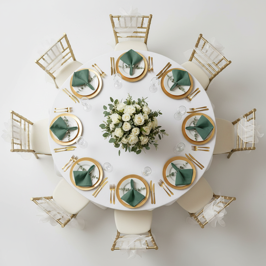 top view complete table setup with Premium Polyester Napkin 20"x20" - Eucalyptus 