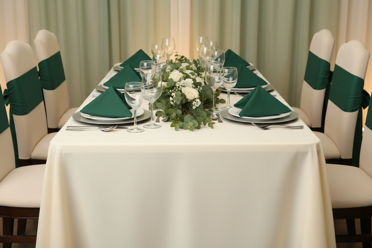 dinner setup with Premium Polyester Napkin 20"x20" - Forest Green on top of ivory tablecloth