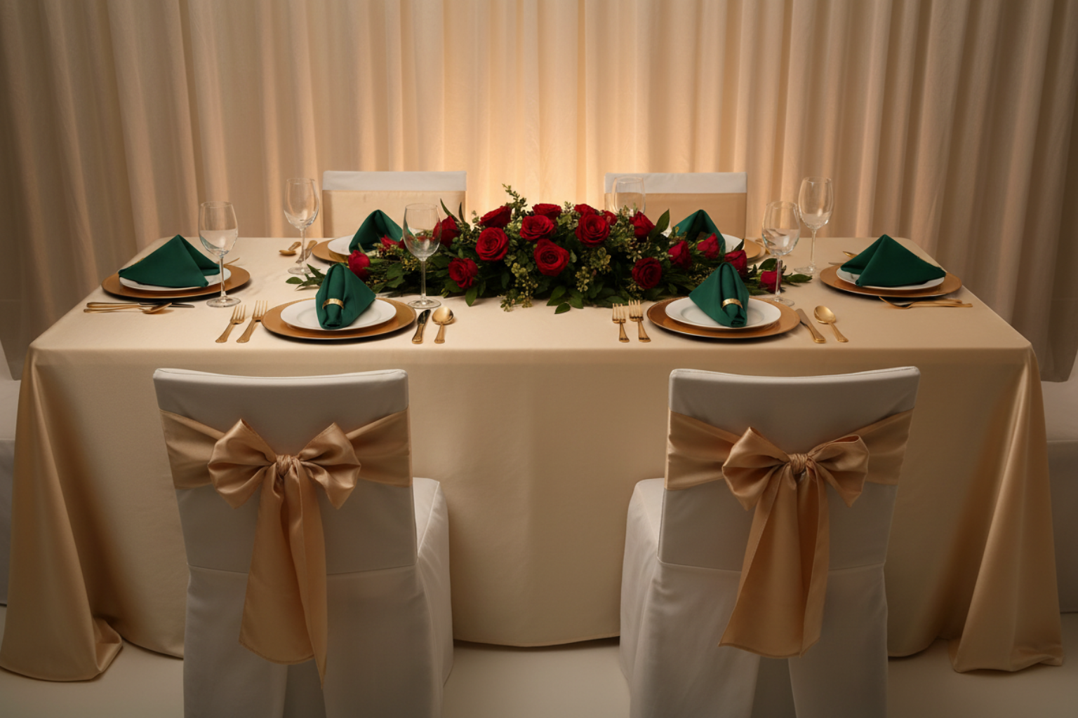 formal dinner with Premium Polyester Napkin 20"x20" - Forest Green on top of champagne tablecloth and gold charger plate