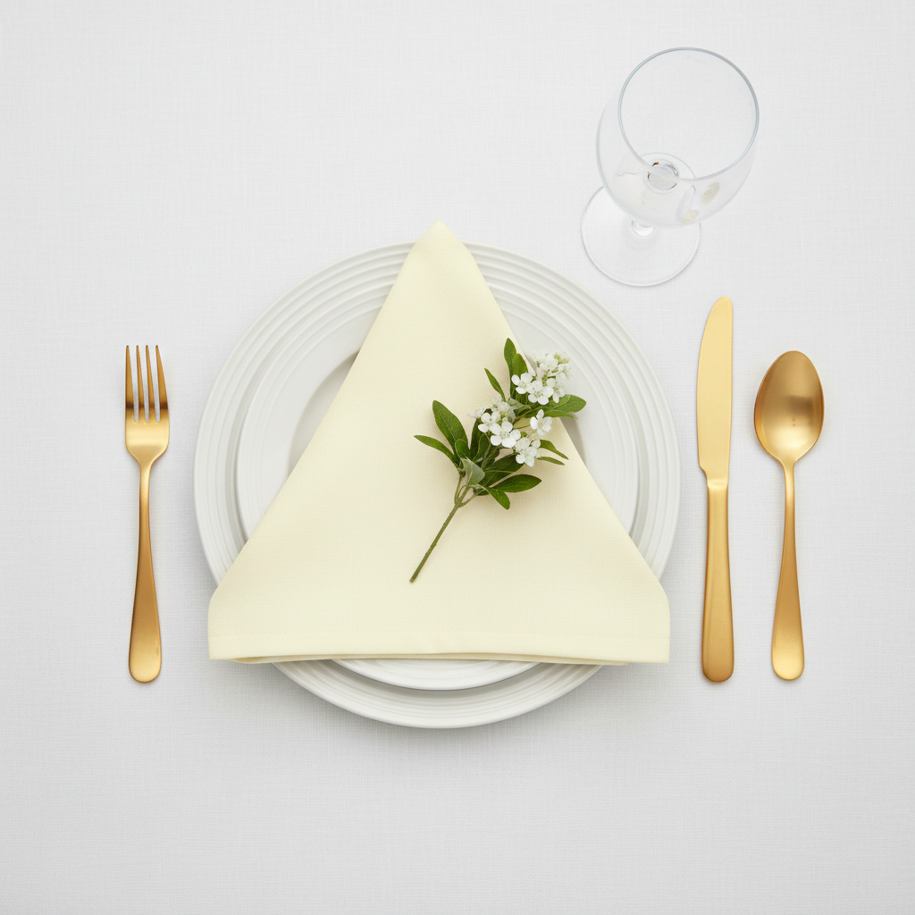 top view table setup with Premium Polyester Napkin 20"x20" - Ivory
