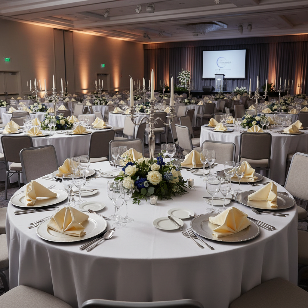 corporate awards night table setup with Premium Polyester Napkin 20"x20" - Ivory