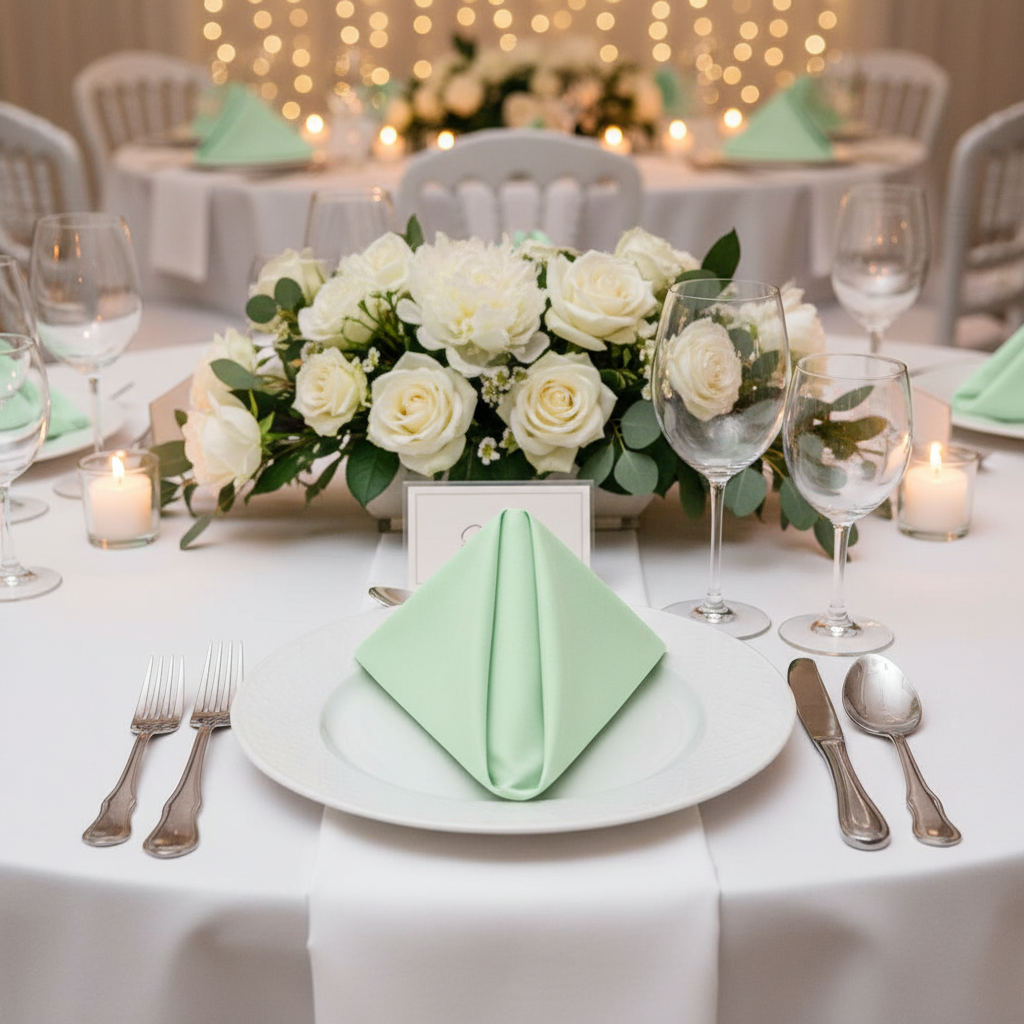 Premium Polyester Napkin 20"x20" - Mint Green on white dinner plate | white tablecloth | flower centerpiece | wine goblets