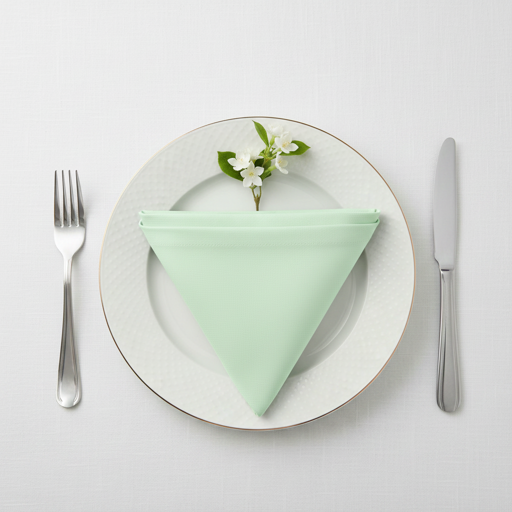 Premium Polyester Napkin 20"x20" - Mint Green on white/gold trimmed dinner plate | white tablecloth |