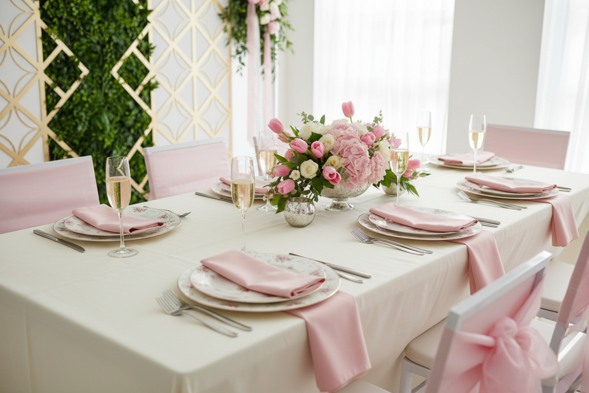 indoor mothers day setup with Premium Polyester Napkin 20"x20" - Pink
