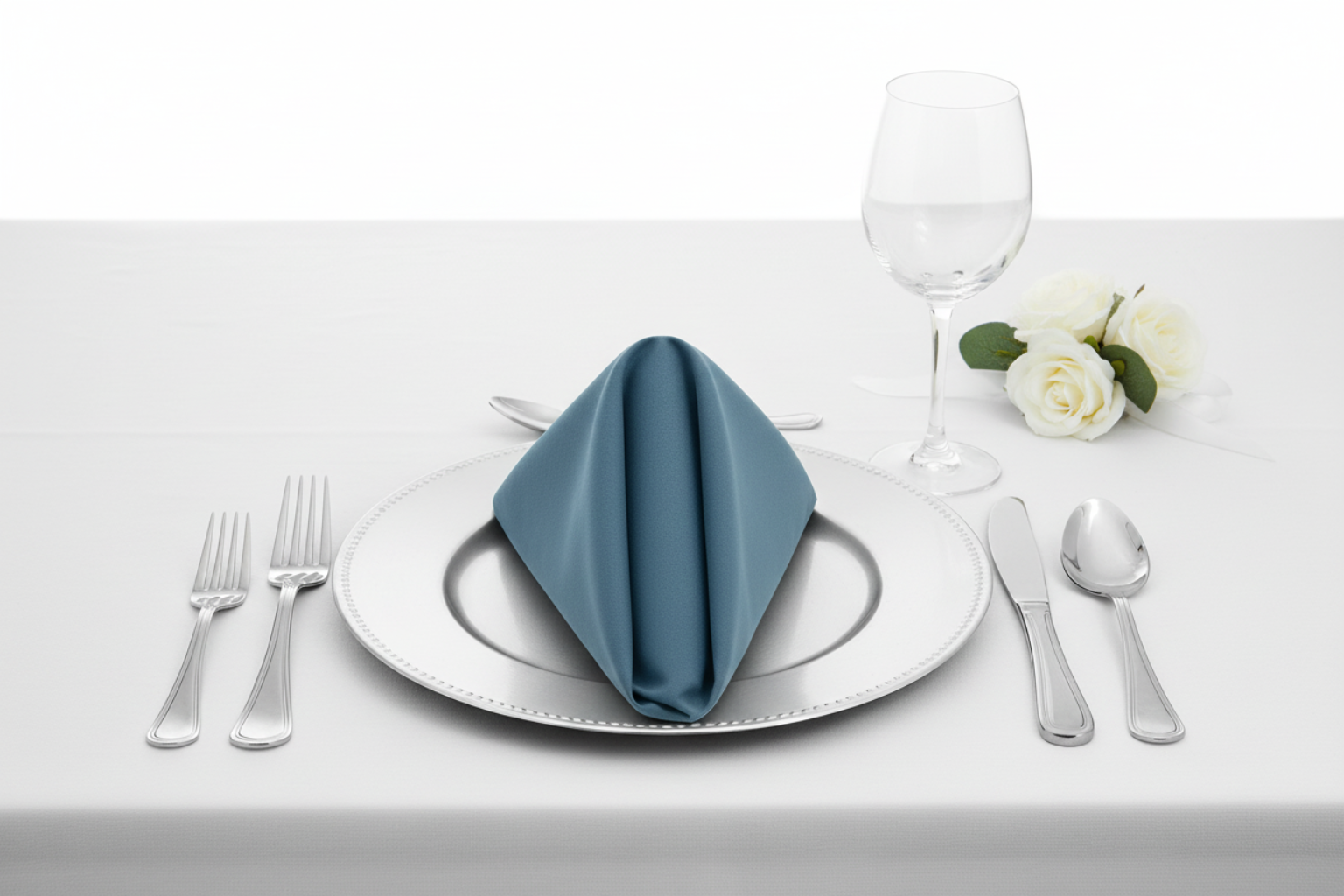 front view of Premium-Polyester-Napkin-20x20-Steele-Blue-lifestyle