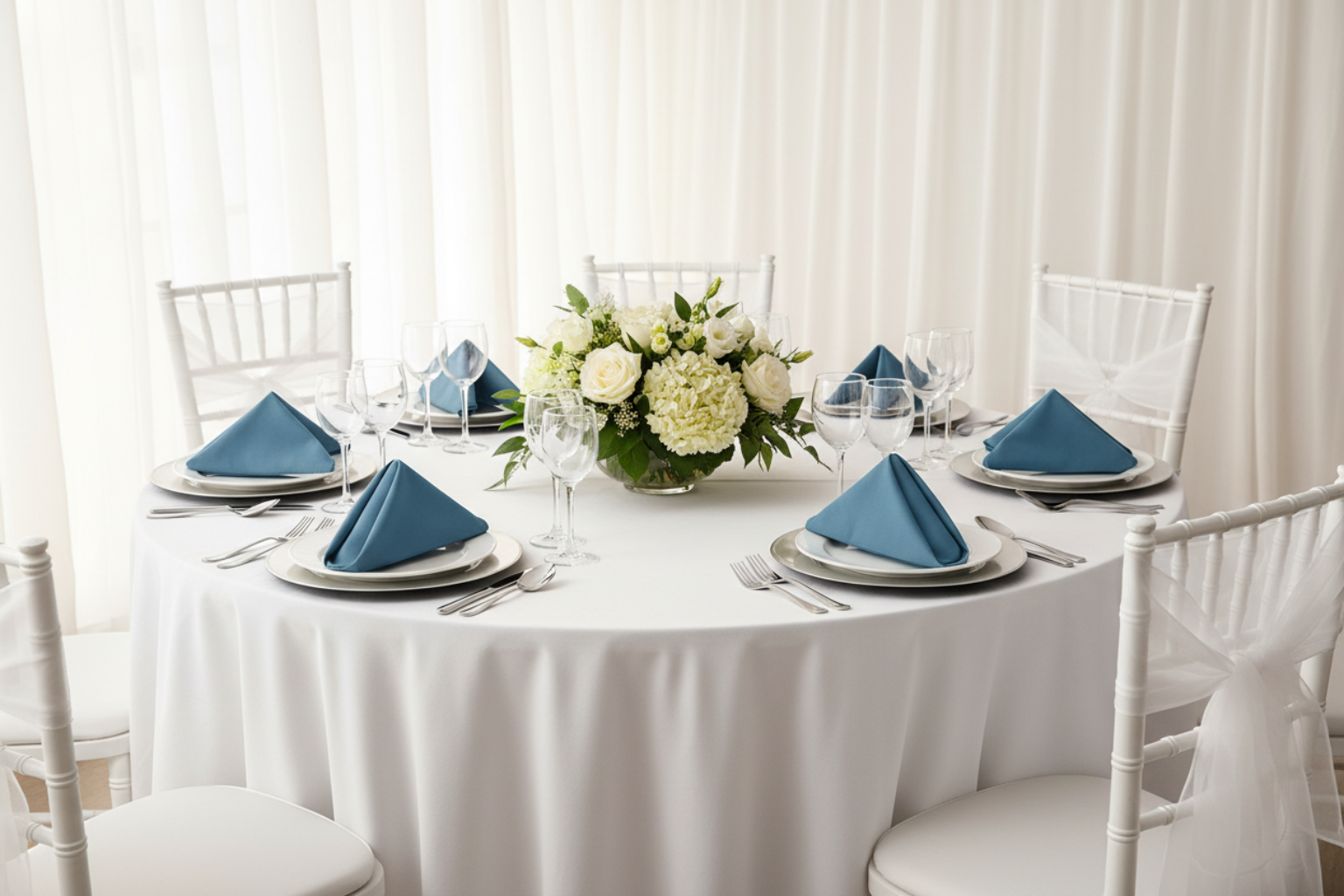 wedding table setup with Premium Polyester Napkin 20"x20" - Steele Blue