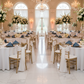 wedding reception with Premium Polyester Napkin 20"x20" - Steele Blue on top of gold charger plate and white tablecloth