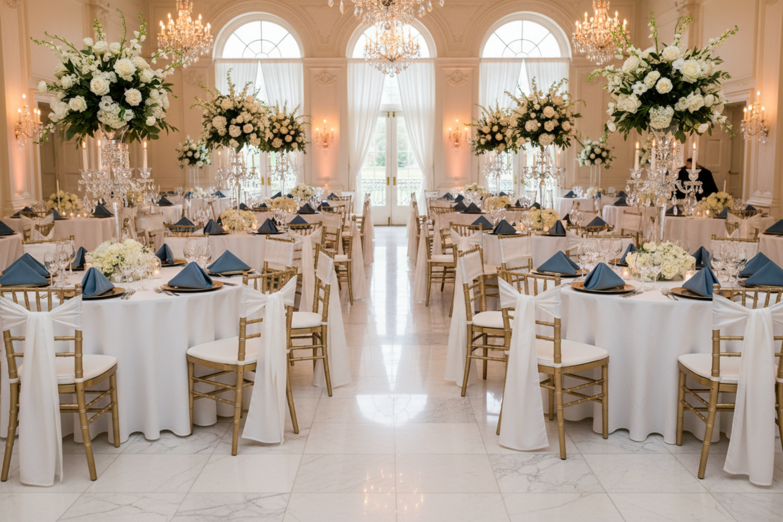 wedding reception with Premium Polyester Napkin 20"x20" - Steele Blue on top of gold charger plate and white tablecloth