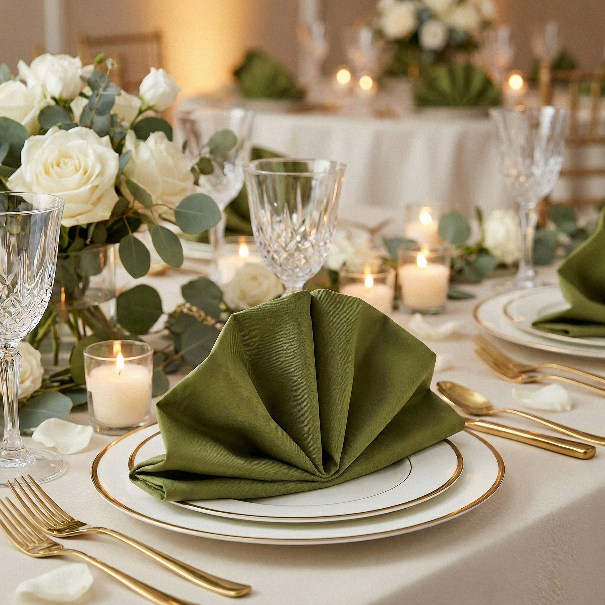 close up of the Polyester Napkin Olive Green in a fan shape on top of white gold trimmed dinner plates