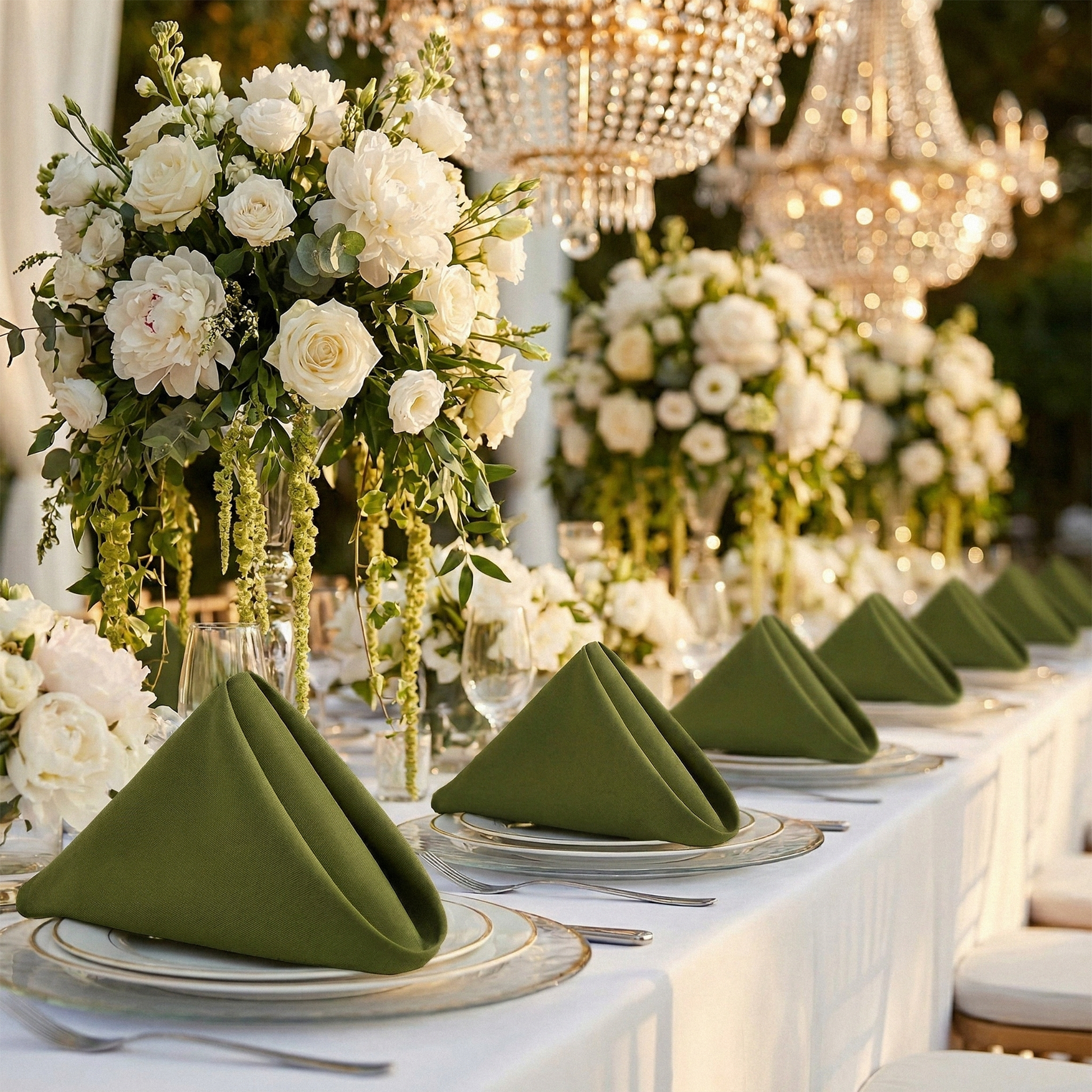 Polyester napkin olive green in a traingle fold for out wedding reception