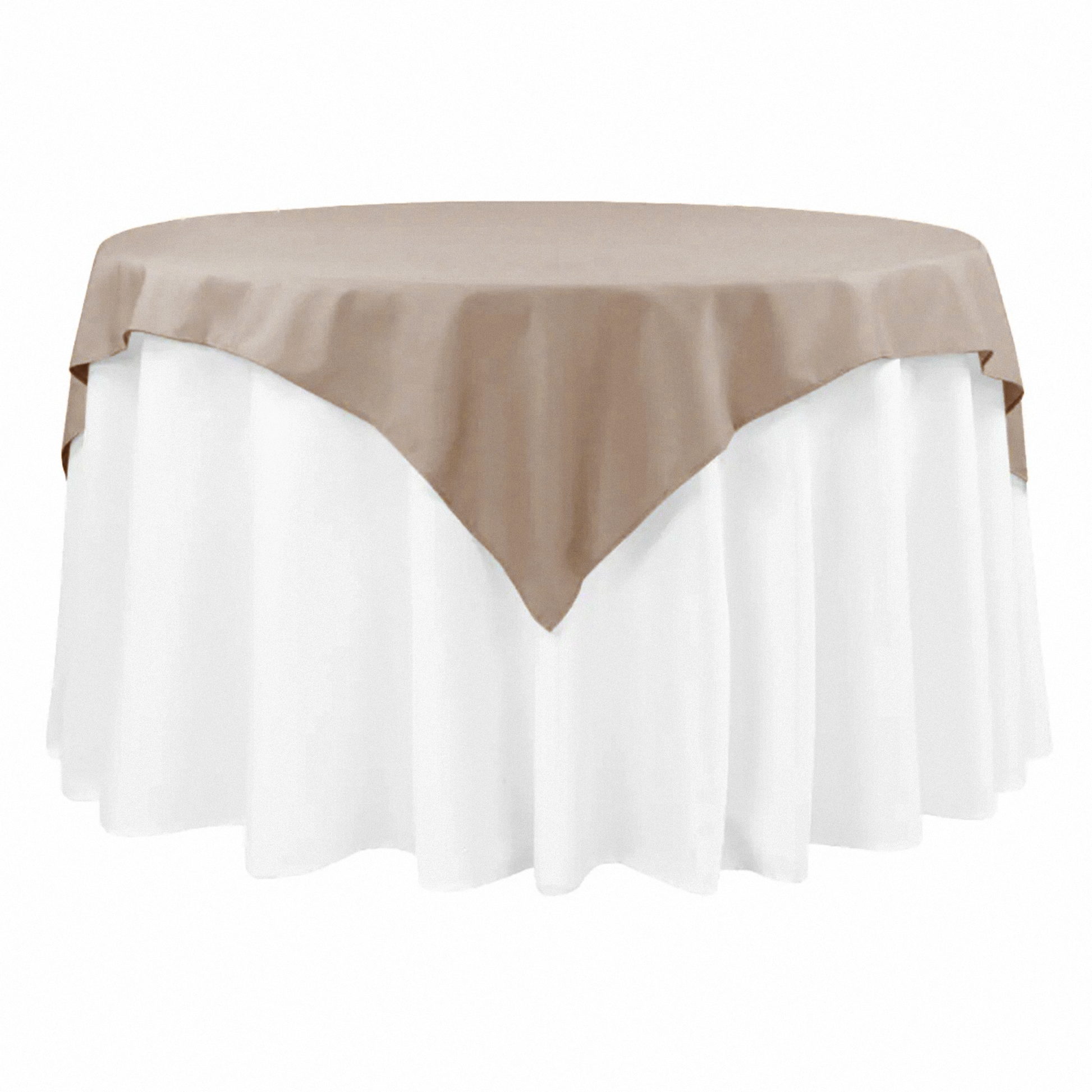 Premium Polyester Square 54" Overlay/Tablecloth Taupe front view on a 48" round table