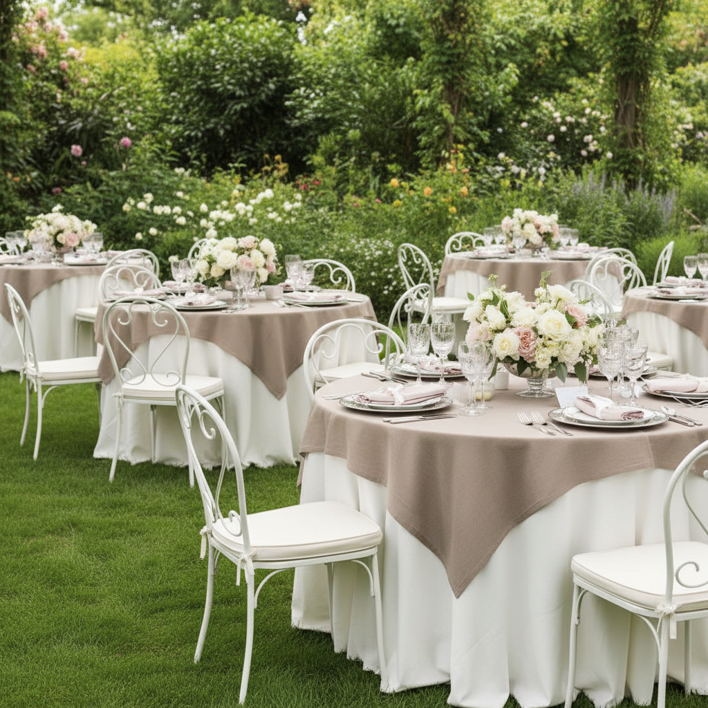 Premium Polyester Square 54" Overlay/Tablecloth Taupe with wine goblets, floral centerpiece, and gold charger plates