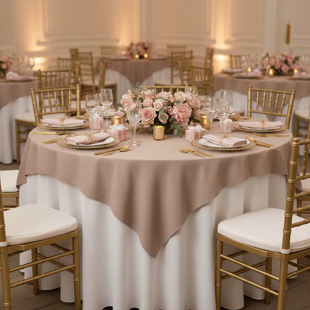 Premium Polyester Square 54" Overlay/Tablecloth Taupe with wine goblets, floral centerpiece, and gold charger plates