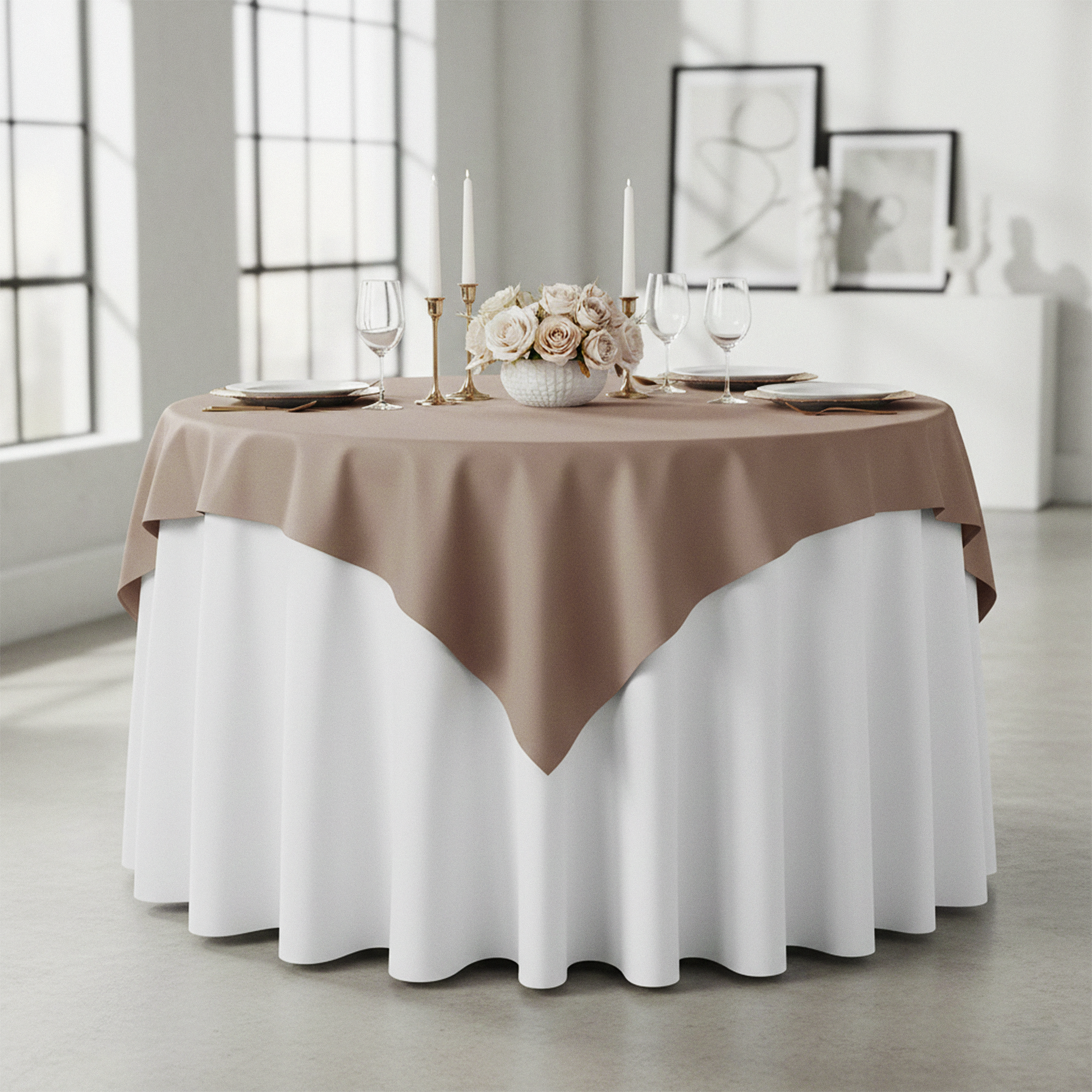 Premium Polyester Square 54" Overlay/Tablecloth Taupe with wine goblets, tapered candles, floral centerpiece, and gold charger plates