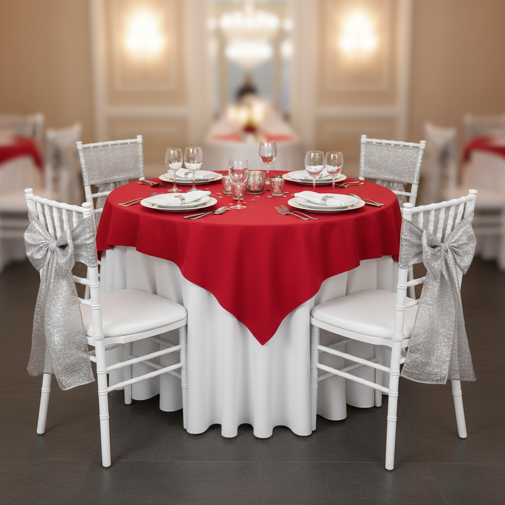 Premium Polyester Square 72" Overlay/Tablecloth - Red | tablecloth | dinner plate | wine goblet | napkin | charger plate |