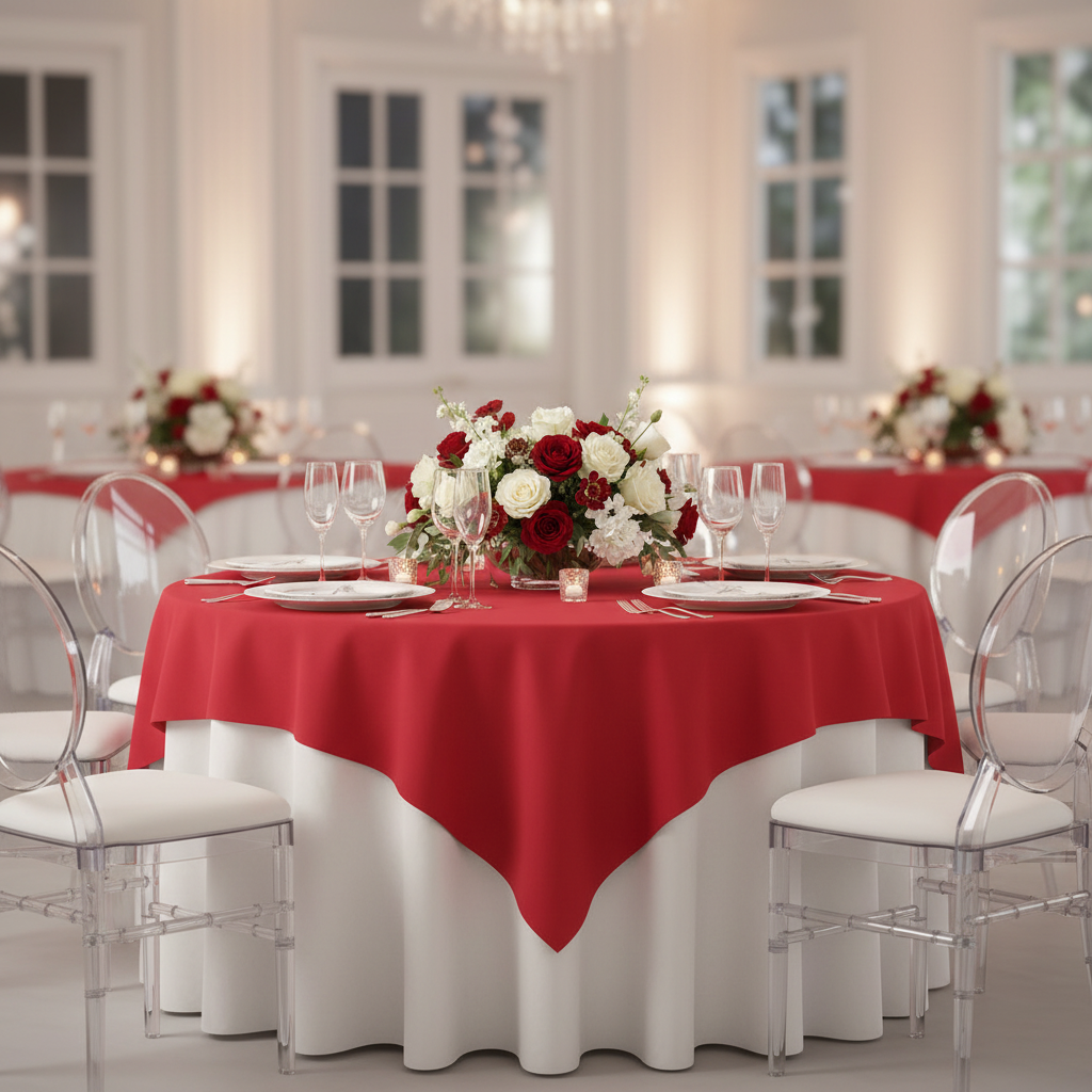 Premium Polyester Square 72" Overlay/Tablecloth - Red | tablecloth | dinner plate | wine goblet |