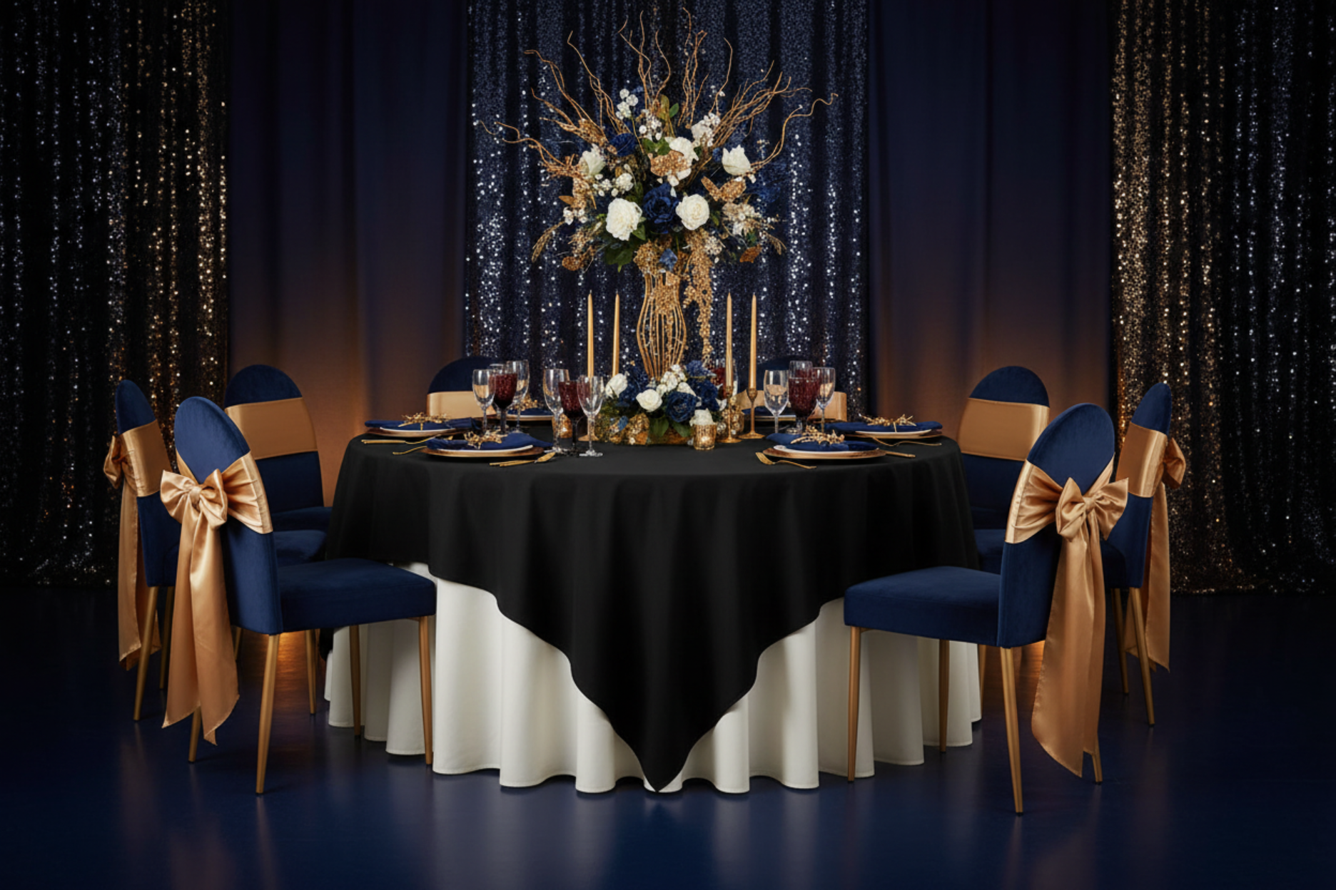 new years eve celebration with Premium Polyester Square 90"x90" Overlay/Tablecloth - Black