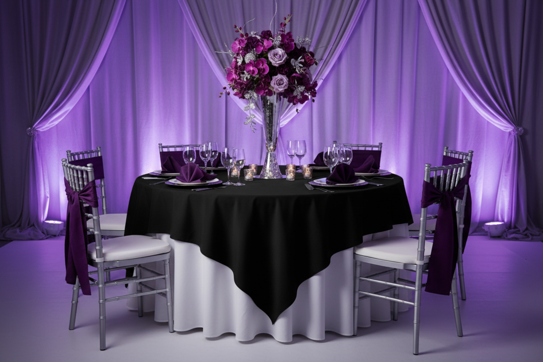 purple and silver corporate party with Premium Polyester Square 90"x90" Overlay/Tablecloth - Black