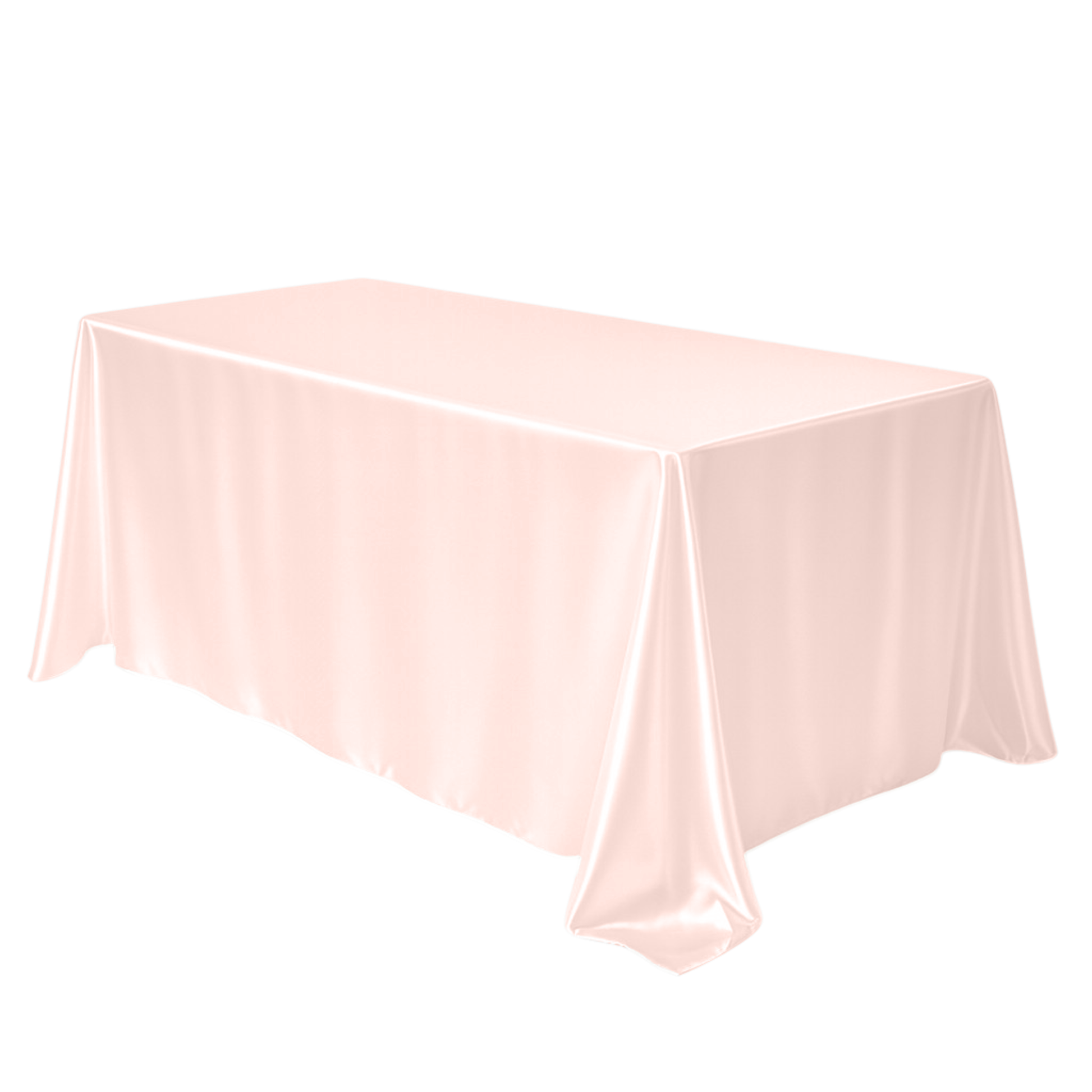 Wrinkle free 90"x132" Rectangular satin Tablecloth - Blush/Rose Gold angled view
