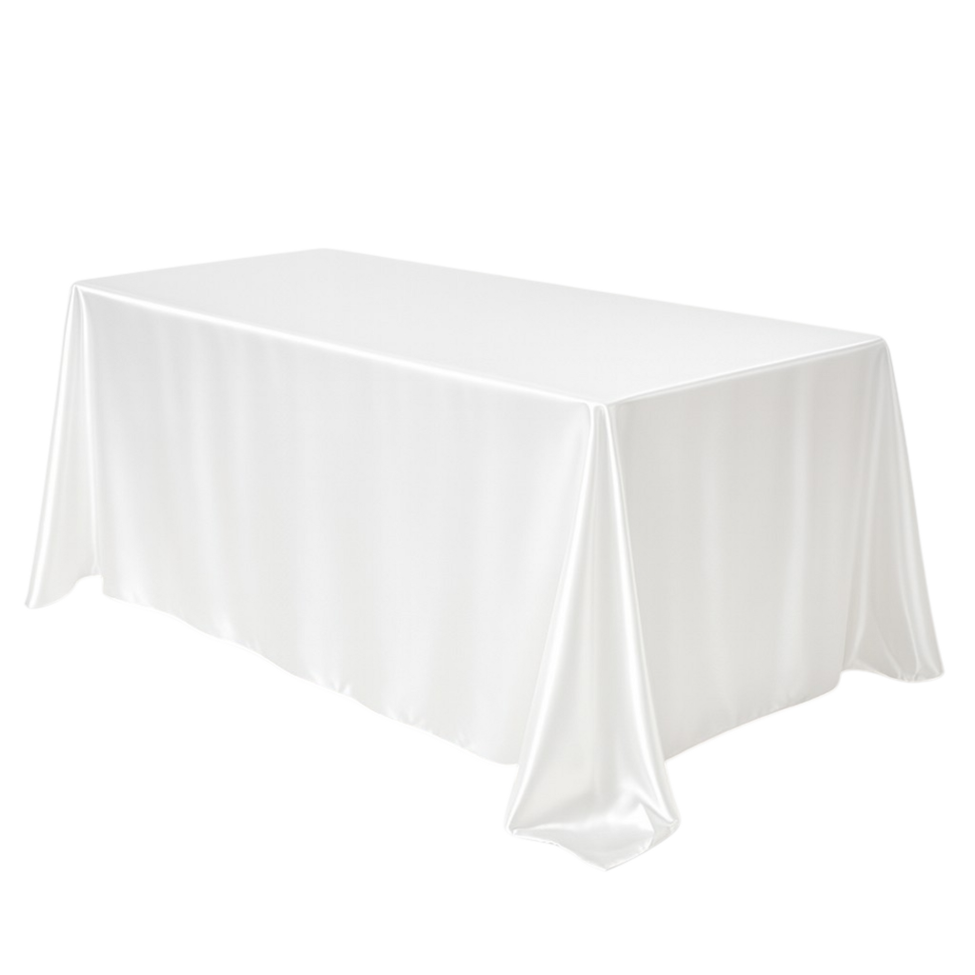 Wrinkle free 90"x132" Rectangular satin Tablecloth - White angled view