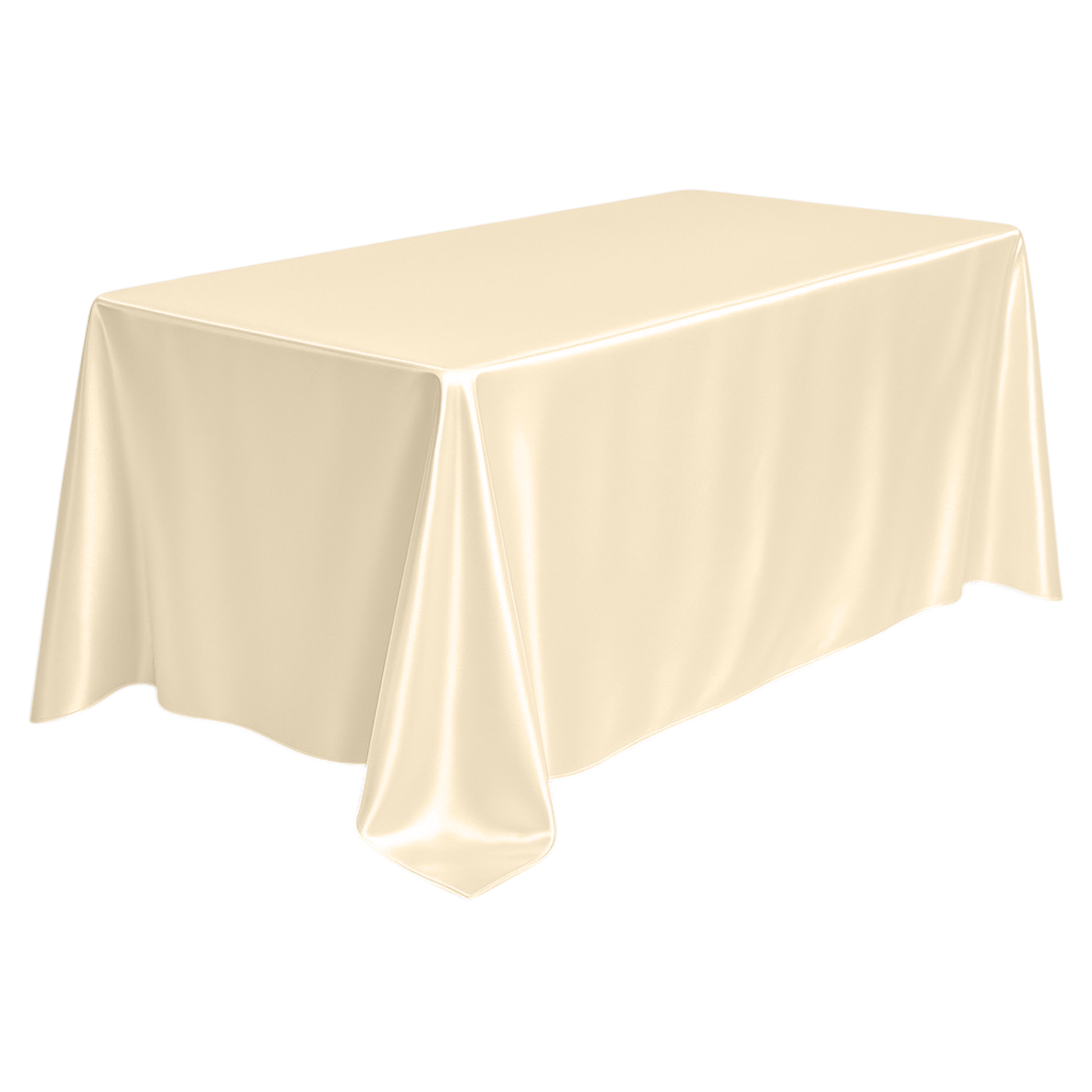 Wrinkle free 90"x156" Rectangular satin Tablecloth - Champagne angled view