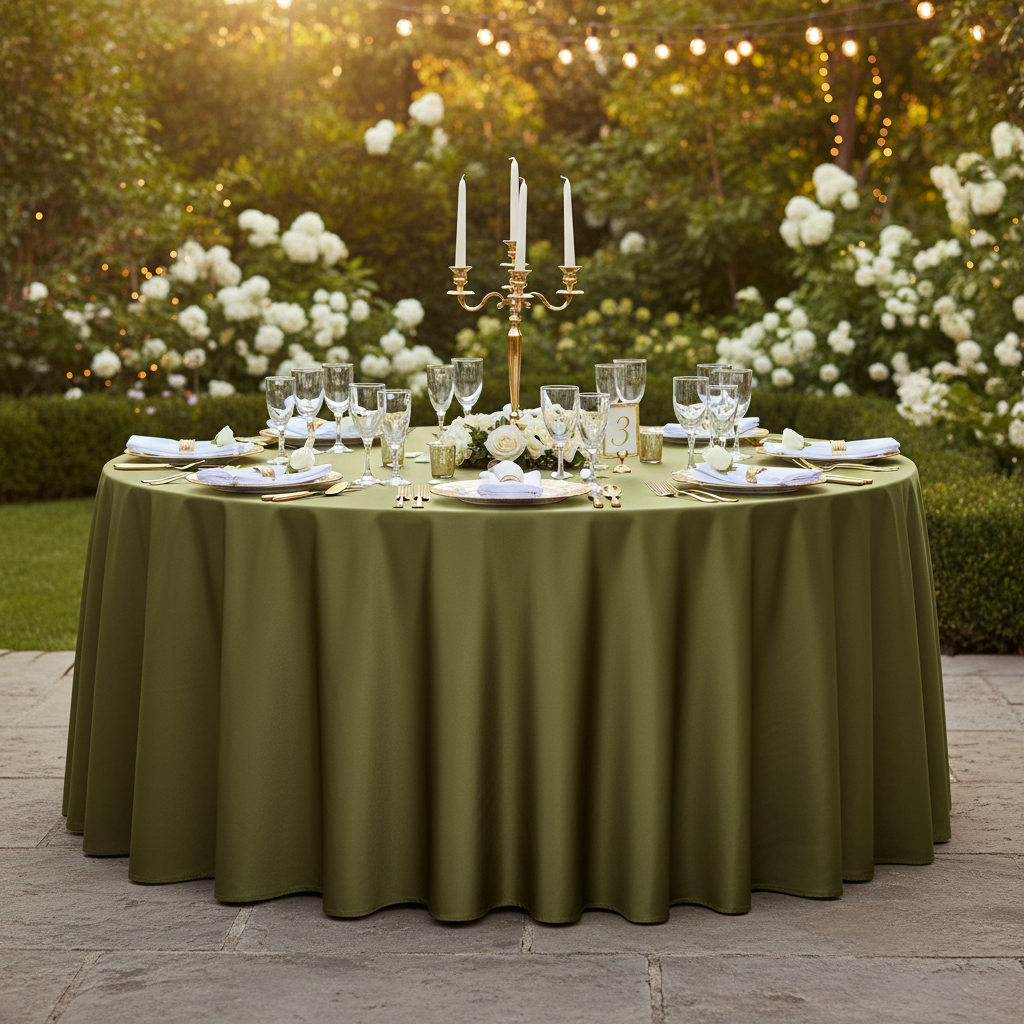 Premium Satin (Wrinkle-Resistant) 108" Round Tablecloth - Olive Green Garden Reception
