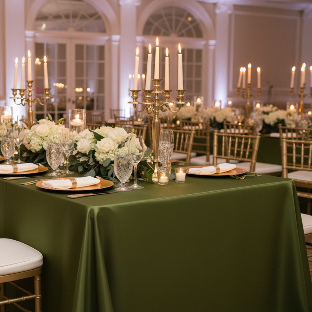 Premium Satin (Wrinkle-Resistant) King 108"x156" Rectangular Tablecloth Olive Green ballroom reception