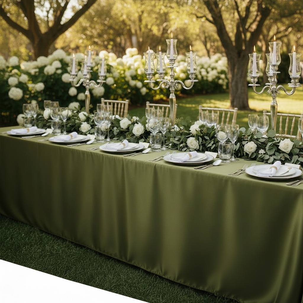 Premium Satin (Wrinkle-Resistant) King 108"x156" Rectangular Tablecloth Olive Green out door table setting 