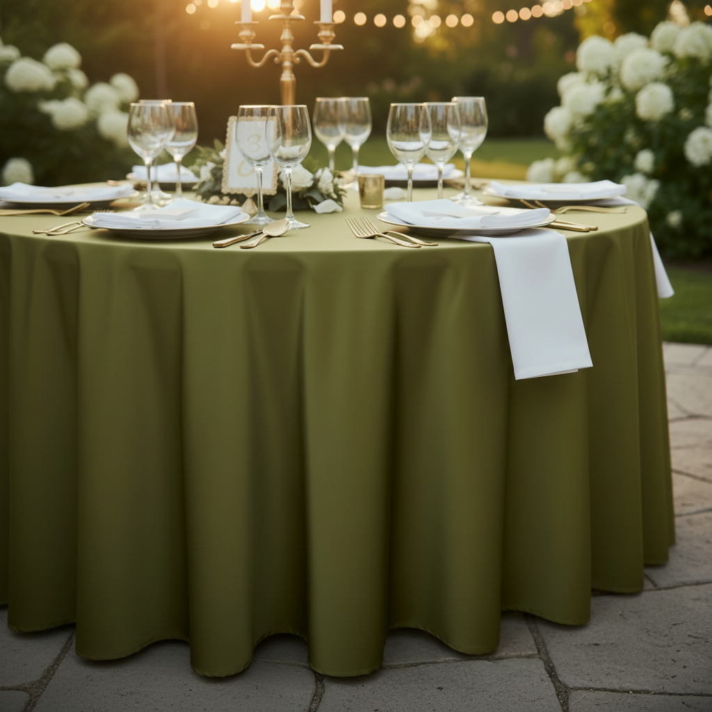 Premium Satin (Wrinkle-Resistant) 120" Round Tablecloth - Olive Green Angled View