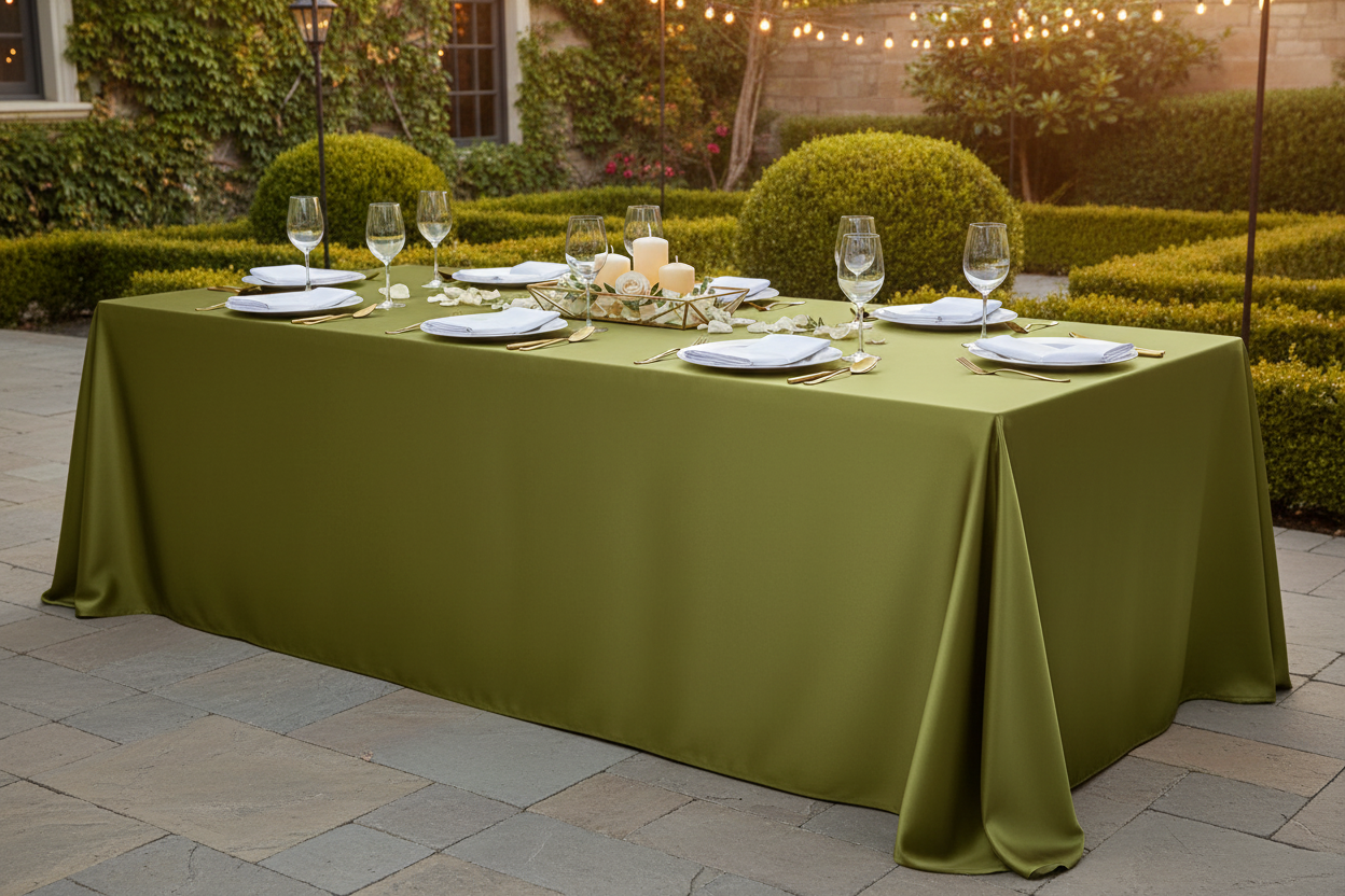 Premium Satin (Wrinkle-Resistant) 90"x132" Rectangular Tablecloth - Olive Green - Garden Reception