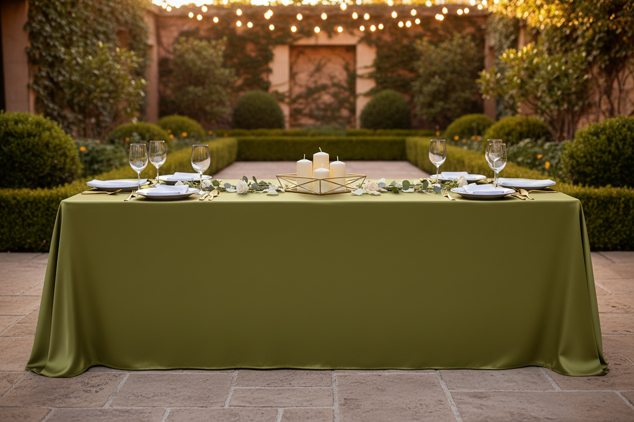 Premium Satin (Wrinkle-Resistant) 90"x156" Rectangular Tablecloth - Olive Green - Garden Reception
