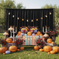 Premium Satin (Wrinkle-Resistant) Backdrop Panel/Drape Black summerween inspired with pumpkins, candelabras and florals