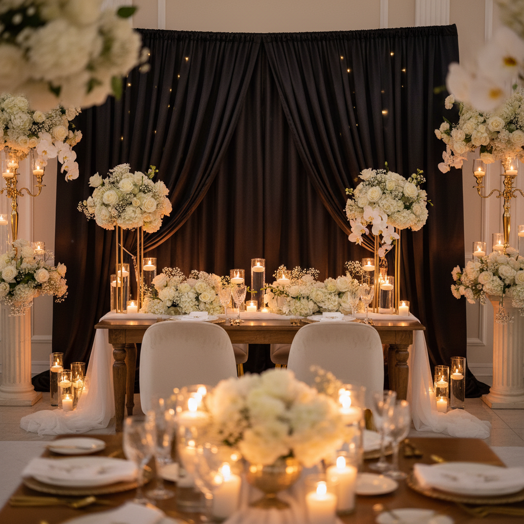Premium Satin (Wrinkle-Resistant) Backdrop Panel/Drape Black behind a wedding sweetheart table with LED lstring lights and florals