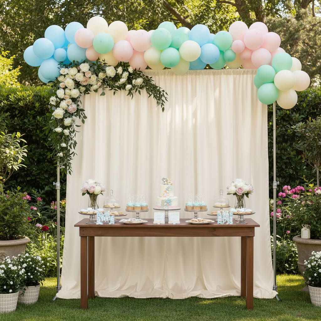 Premium Satin (Wrinkle-Resistant) Backdrop Panel/Drape Ivory behind a dessert table for a baby shower
