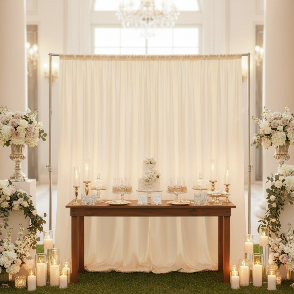 Premium Satin (Wrinkle-Resistant) Backdrop Panel/Drape Ivory behind a bridal dessert table