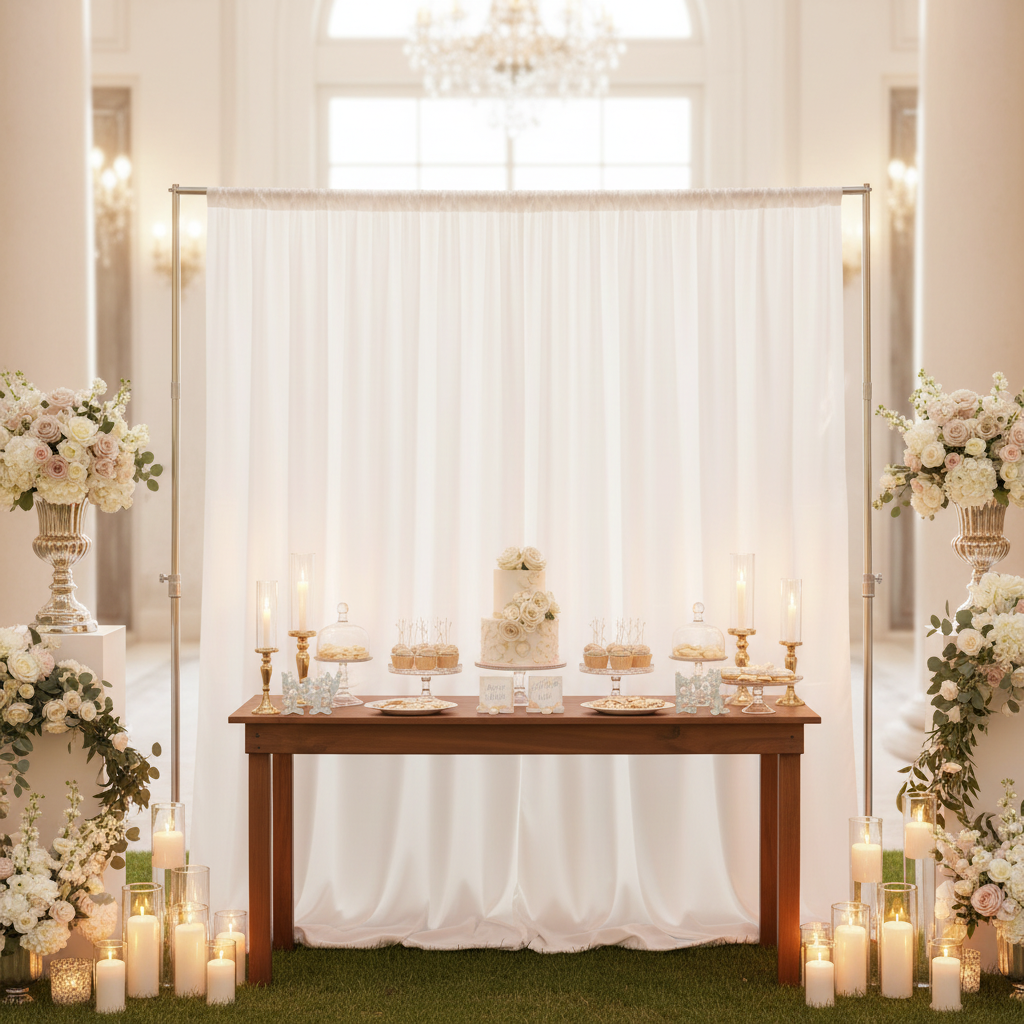 Premium Satin (Wrinkle-Resistant) Backdrop Panel/Drape White in front of a dessert table for a wedding
