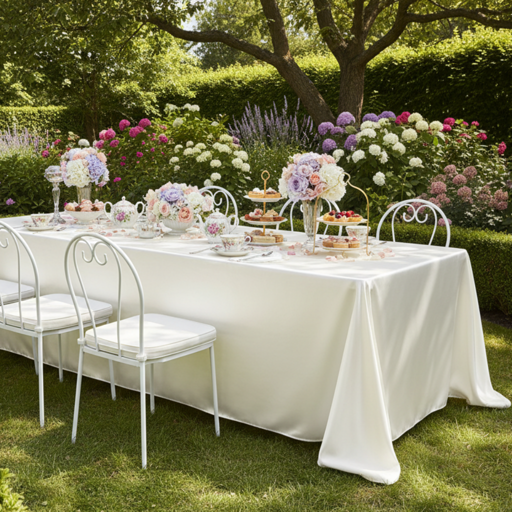 Outdoor Garden Tea Party with Premium Satin (Wrinkle-Resistant) King 108"x156" Rectangular Tablecloth - Ivory

